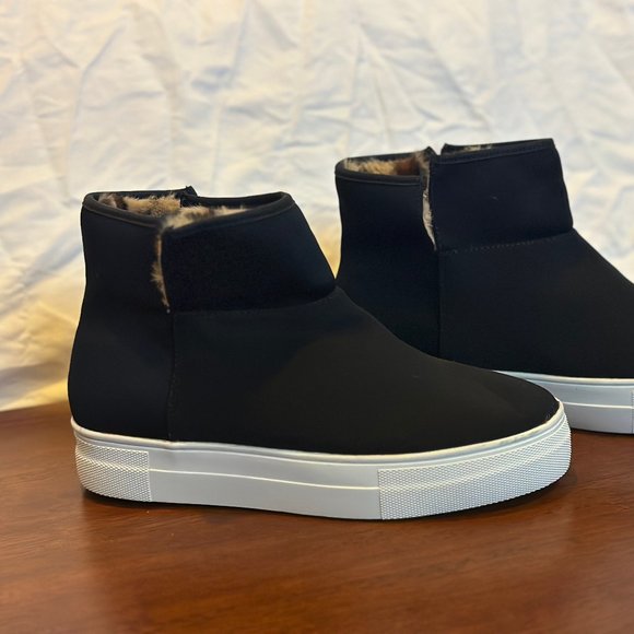 (Never Used) Black Platform Booties with Leopard Print Faux Fur Lining - Picture 6 of 10